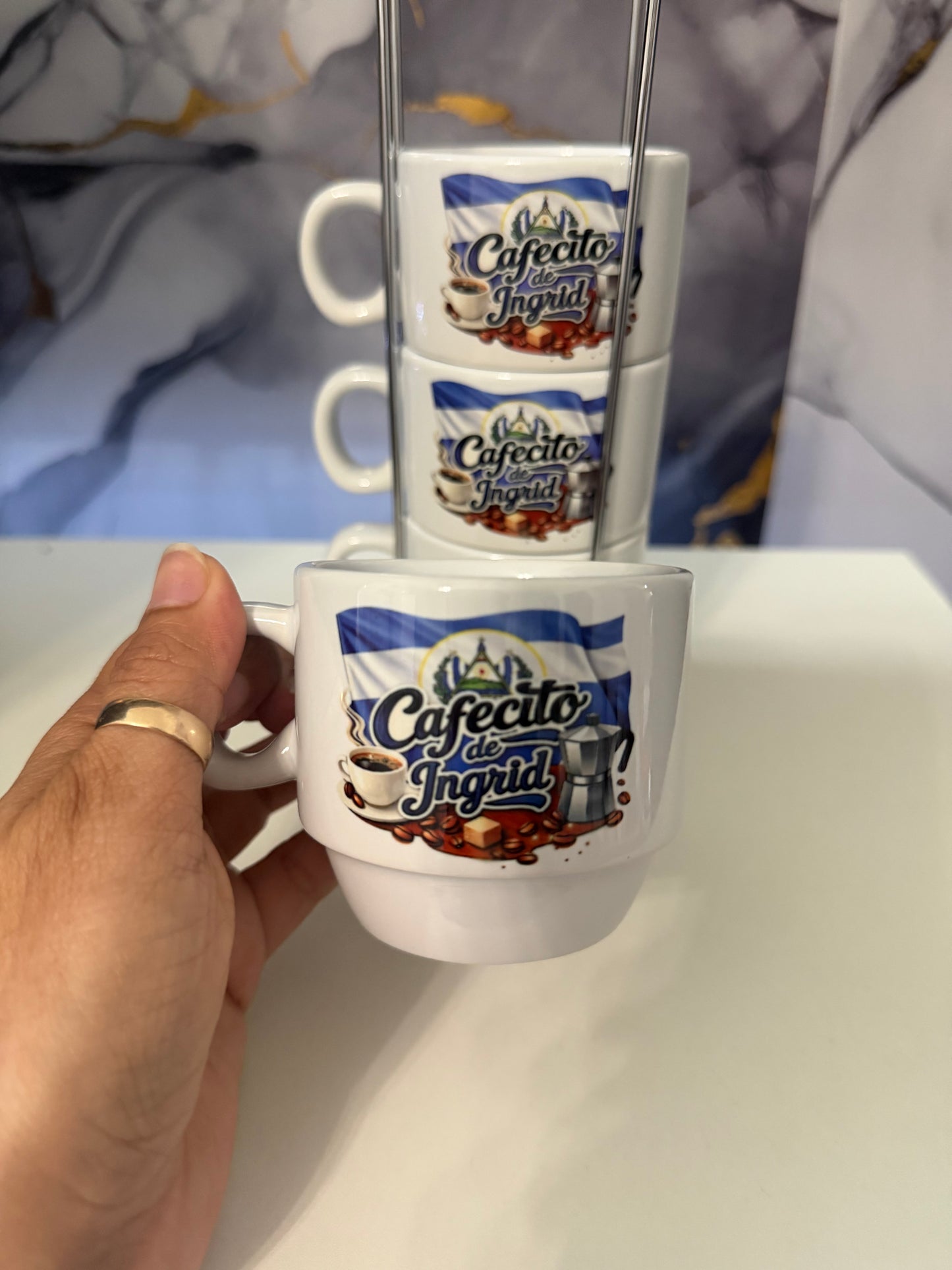 Personalized “El Cafecito de… El Salvador Espresso Cup Set 5 oz (4-Piece with Metal Stand)