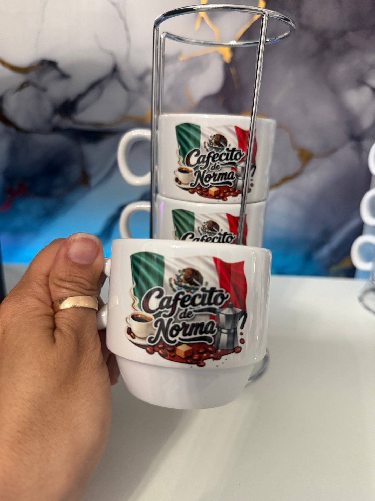 Personalized “El Cafecito de… Mexico Espresso Cup Set 5 oz (4-Piece with Metal Stand)
