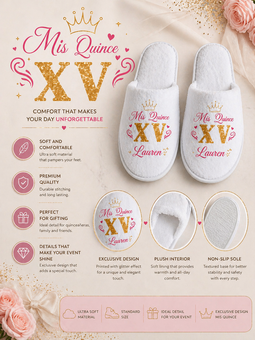 Personalized “Mis Quince” Slippers – Pack of 12 Pairs
