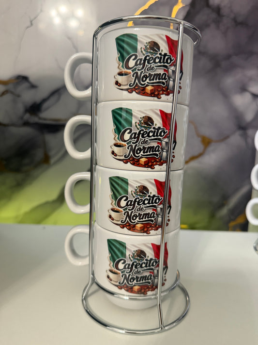 Personalized “El Cafecito de… Mexico Espresso Cup Set 5 oz  (4-Piece with Metal Stand)