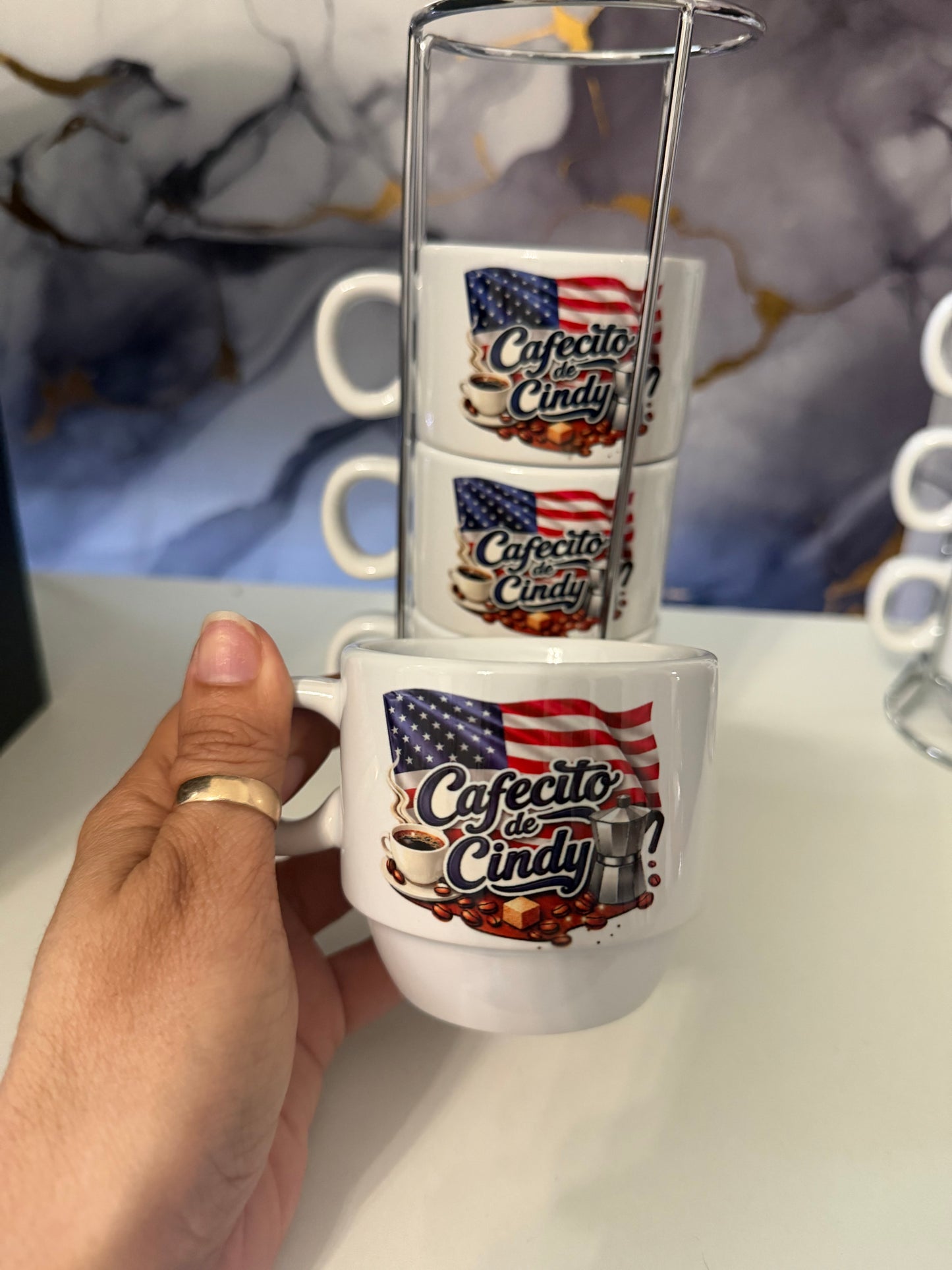 Personalized “El Cafecito de… USA Espresso Cup Set 5 oz  (4-Piece with Metal Stand)