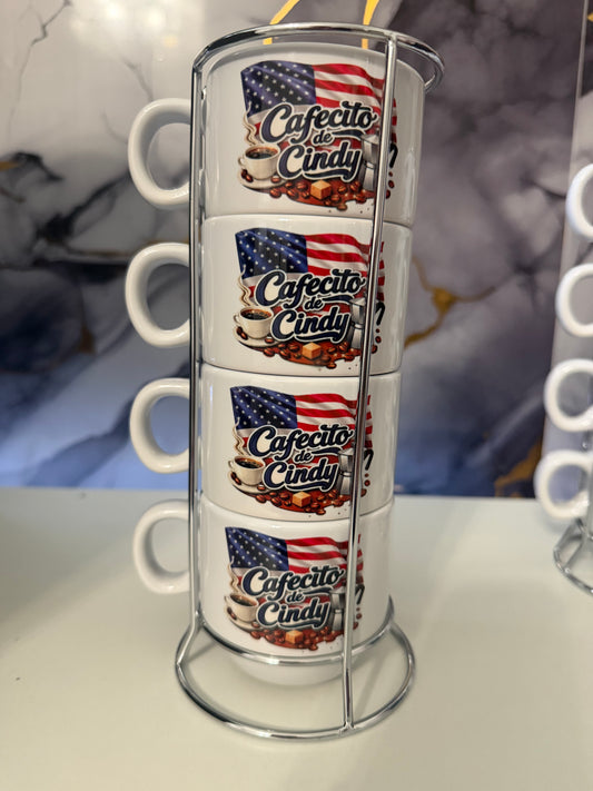 Personalized “El Cafecito de… USA Espresso Cup Set 5 oz  (4-Piece with Metal Stand)