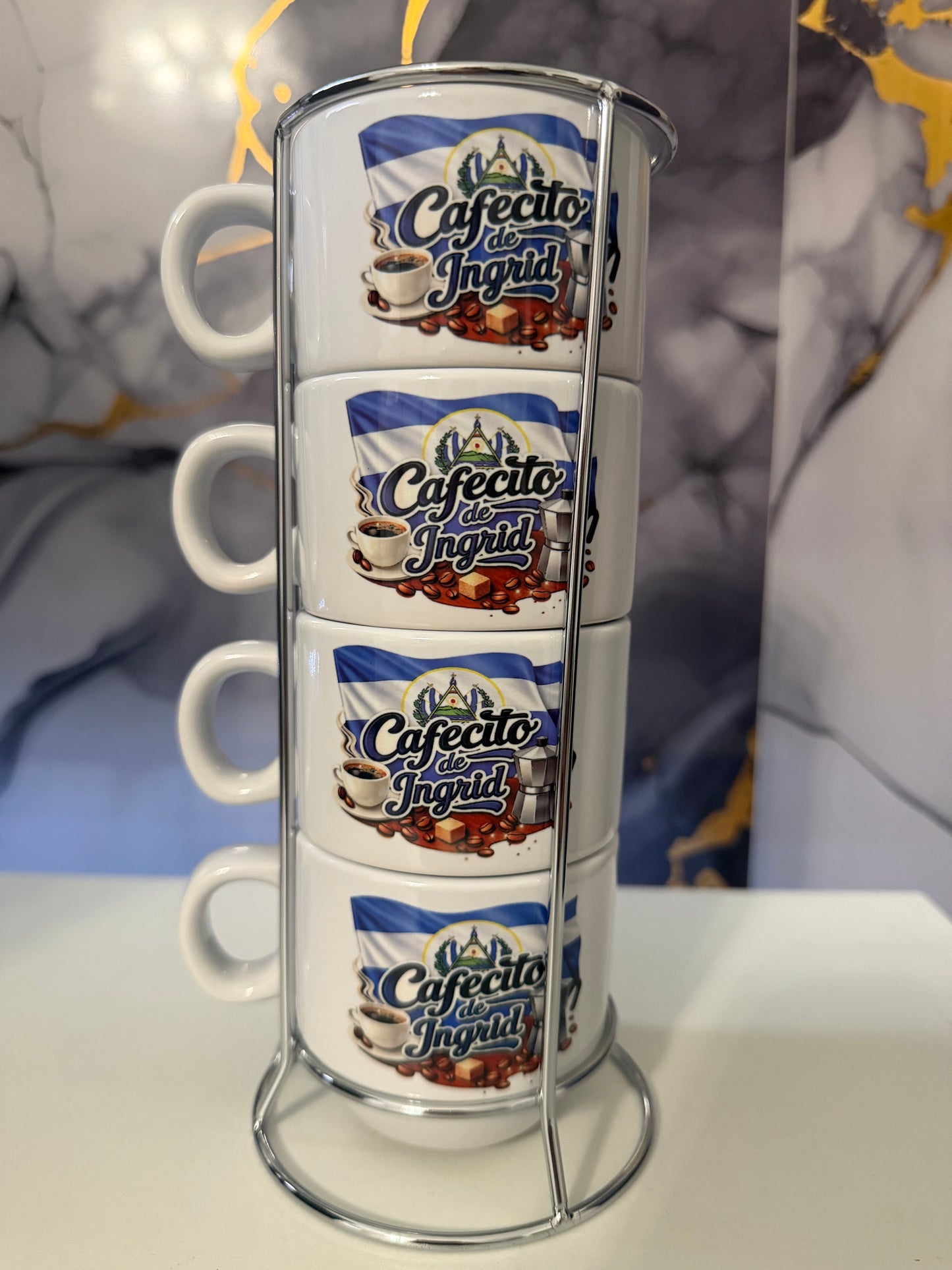 Personalized “El Cafecito de… El Salvador Espresso Cup Set 5 oz  (4-Piece with Metal Stand)