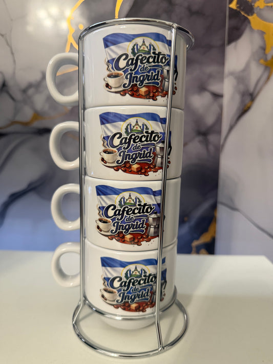 Personalized “El Cafecito de… El Salvador Espresso Cup Set 5 oz  (4-Piece with Metal Stand)