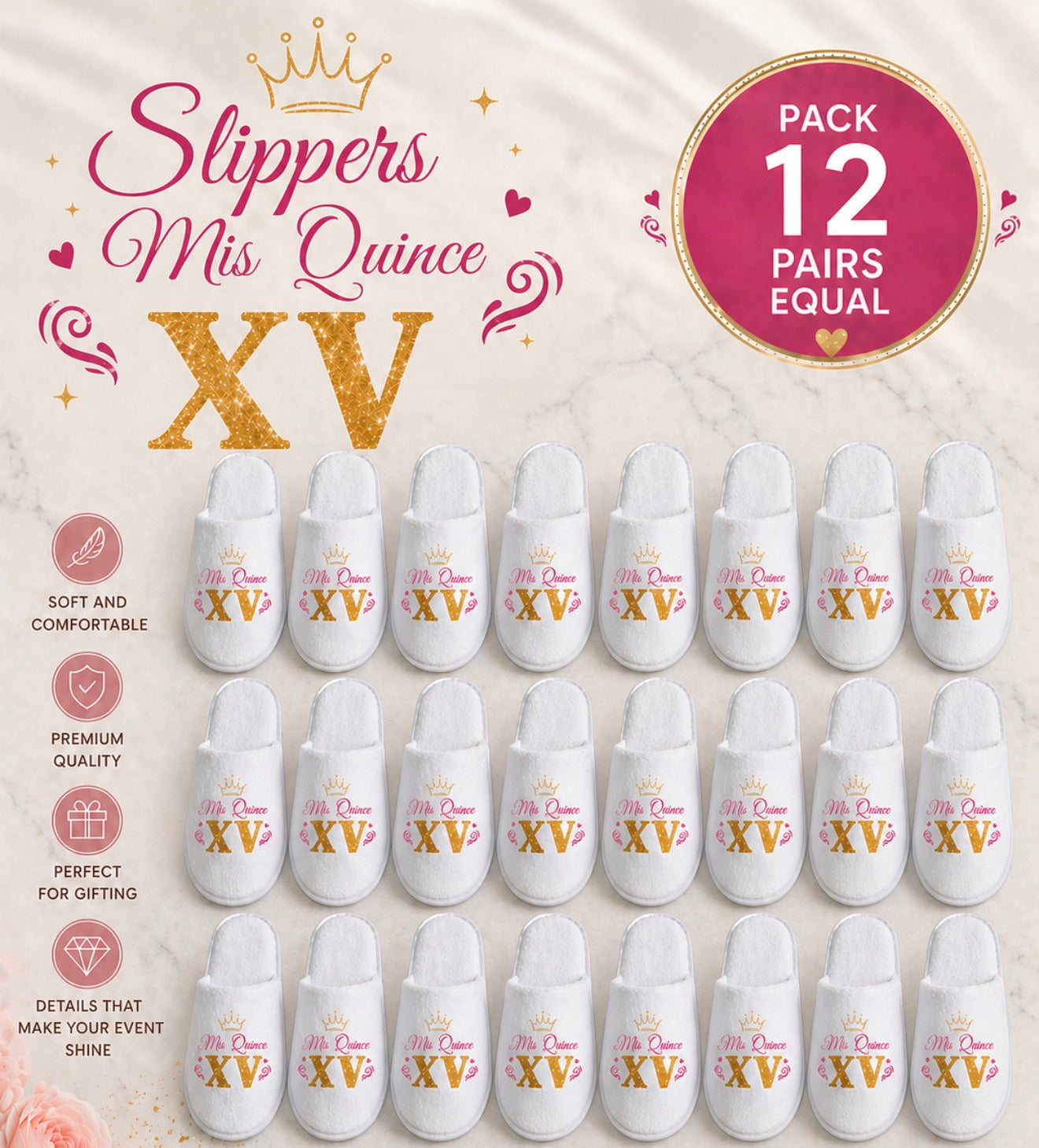 Personalized “Mis Quince” Slippers – Pack of 12 Pairs