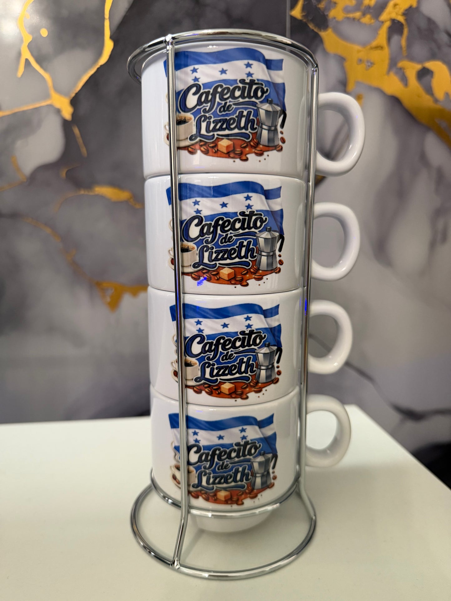 Personalized “El Cafecito de… Honduras Espresso Cup Set 5 oz  (4-Piece with Metal Stand)