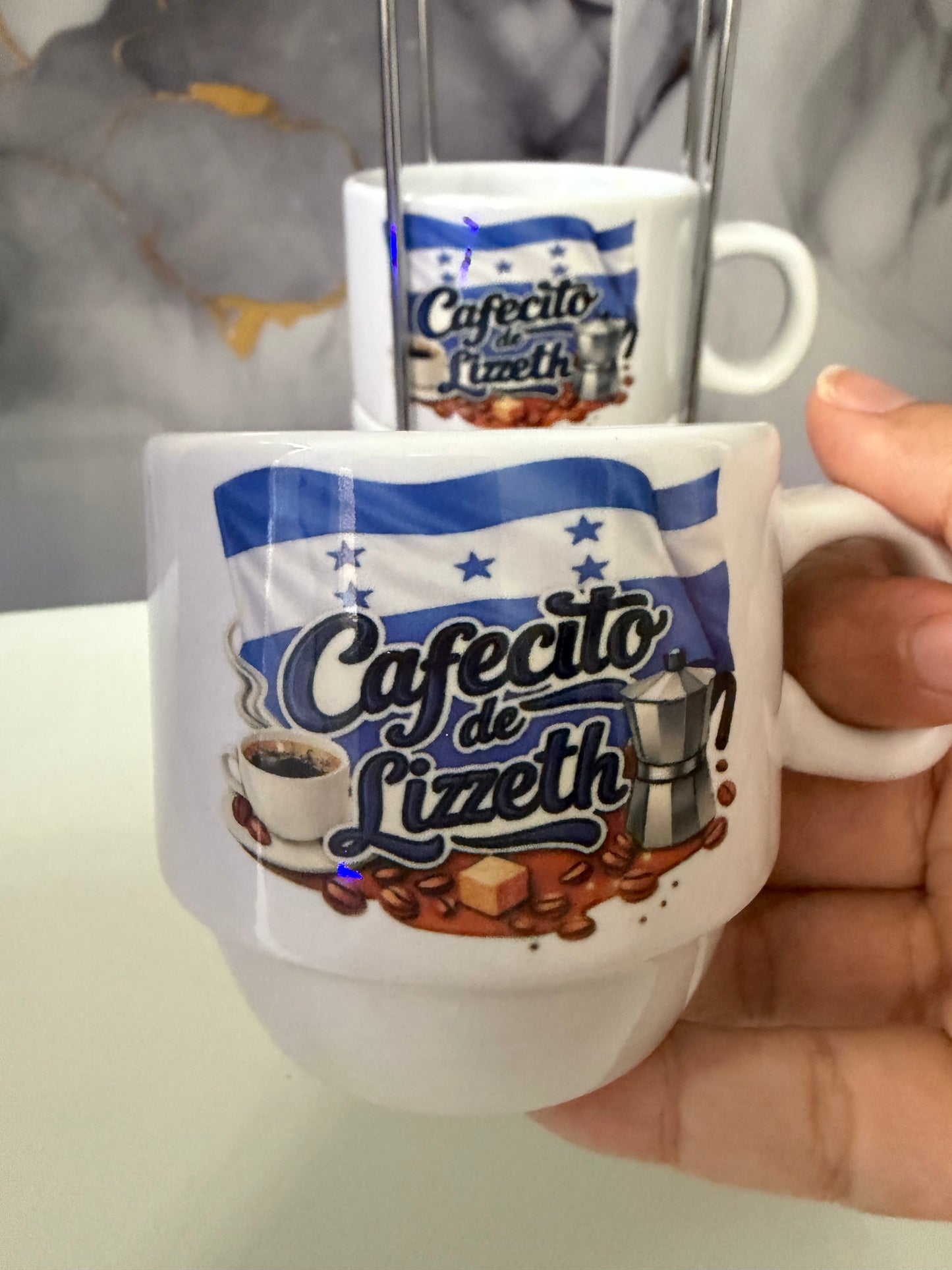 Personalized “El Cafecito de… Honduras Espresso Cup Set 5 oz  (4-Piece with Metal Stand)