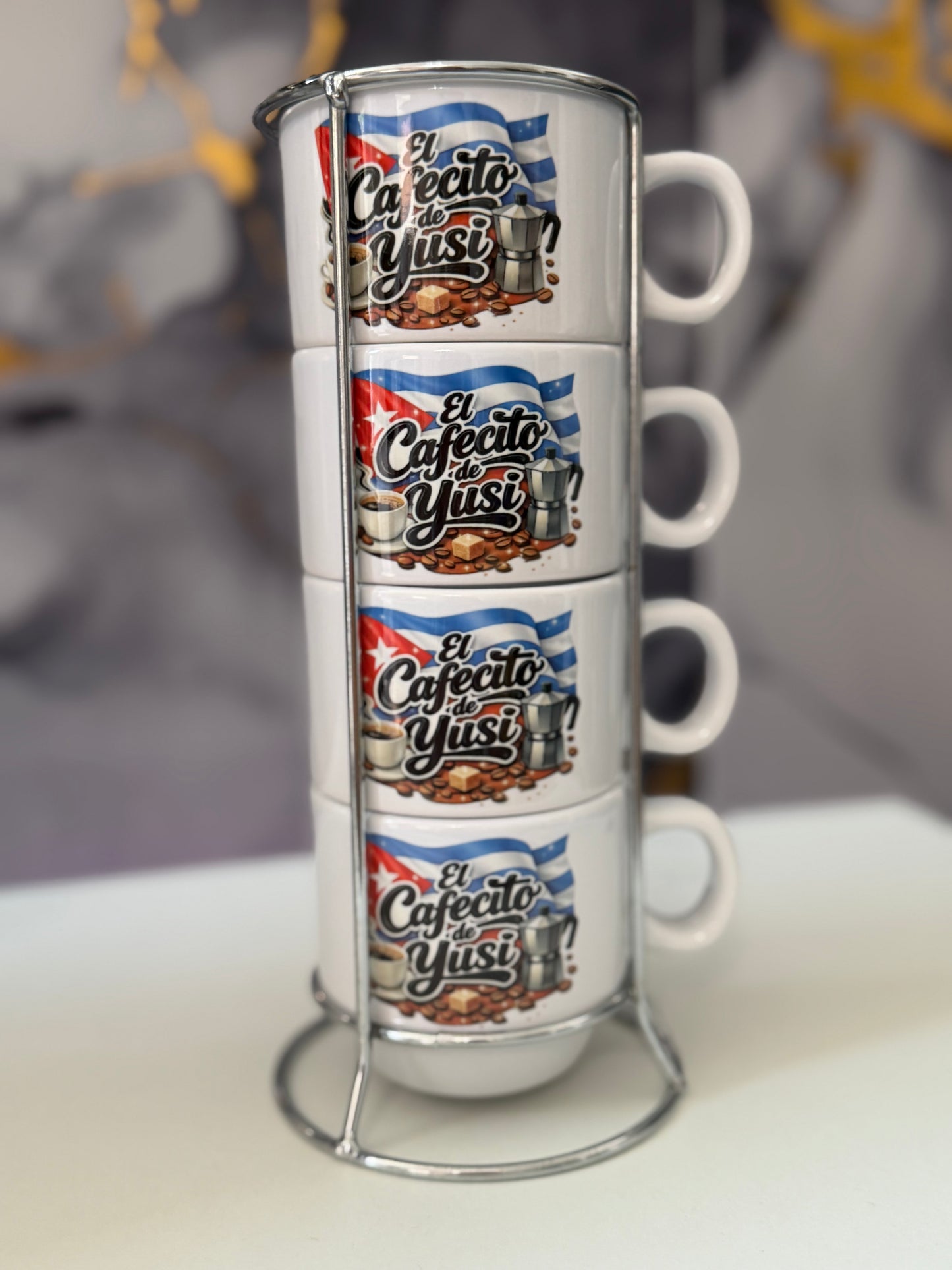 Personalized “El Cafecito de…” Cuban Espresso Cup Set (4-Piece with Metal Stand)