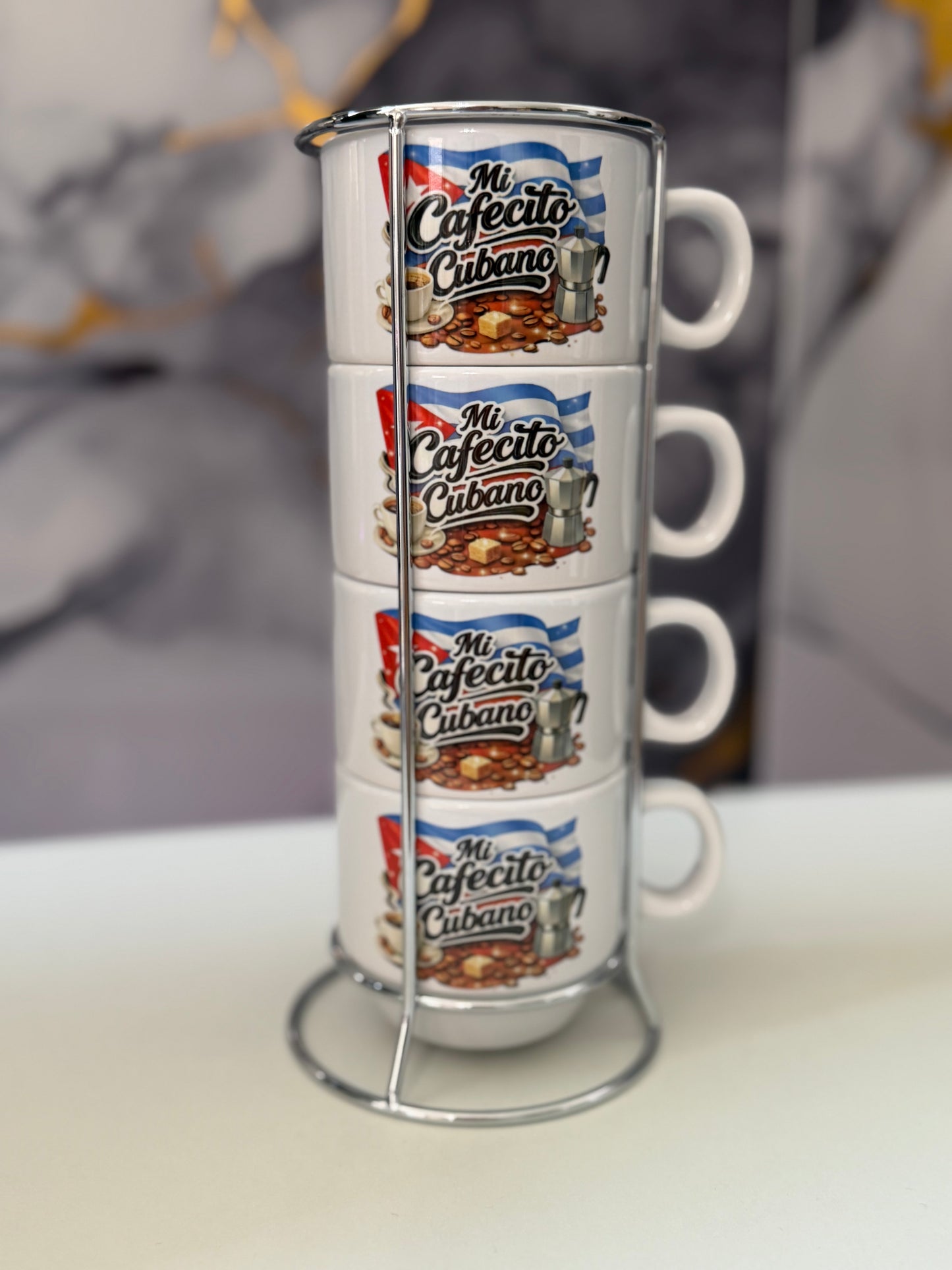 Mi Cafecito Cubano” – 4-Piece Espresso Cup Set with Metal Stand