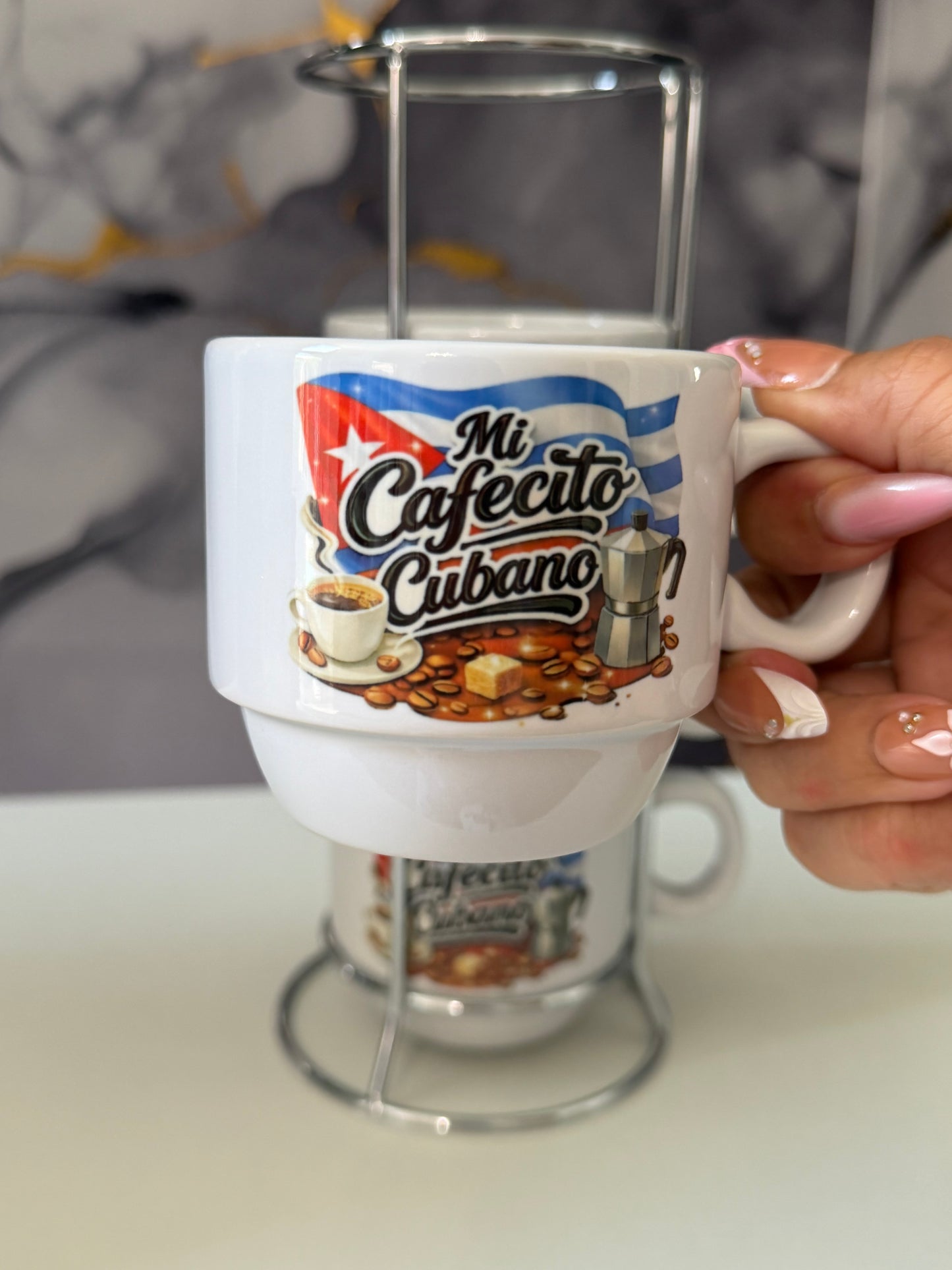 Mi Cafecito Cubano” – 4-Piece Espresso Cup Set with Metal Stand