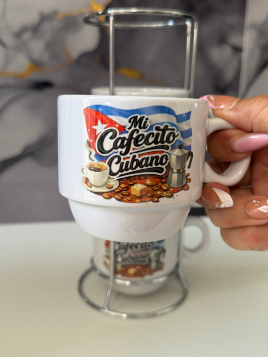 Mi Cafecito Cubano” – 4-Piece Espresso Cup Set with Metal Stand