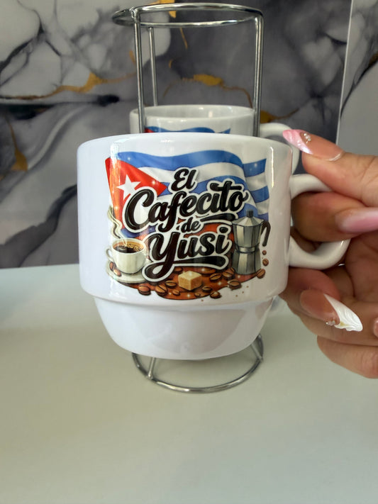 Personalized “El Cafecito de…” Cuban Espresso Cup Set (4-Piece with Metal Stand)