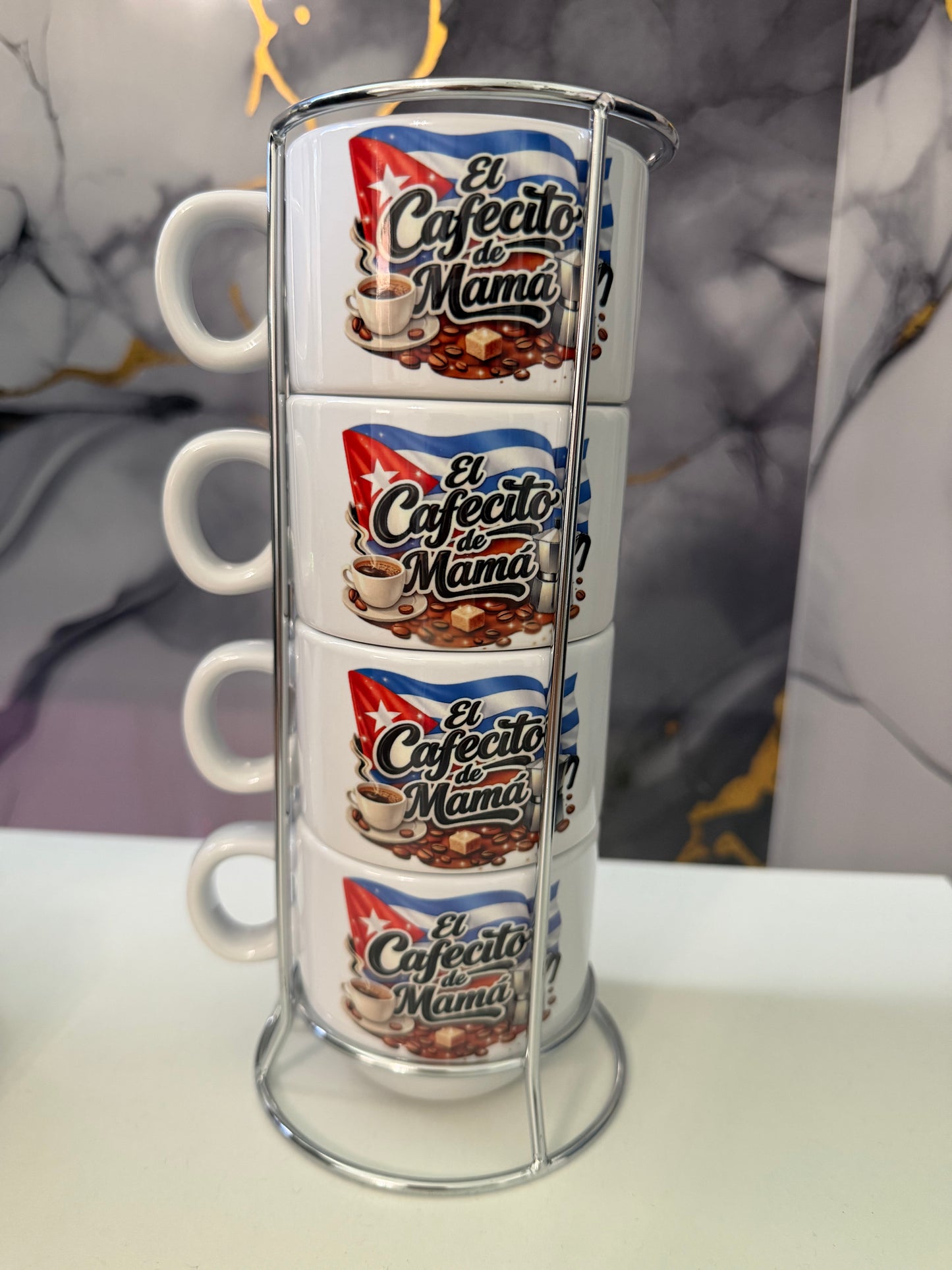 “El Cafecito de Mamá ” – 4-Piece Espresso Cup Set with Metal Stand