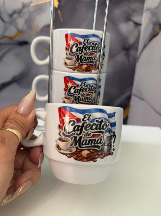 “El Cafecito de Mamá ” – 4-Piece Espresso Cup Set with Metal Stand